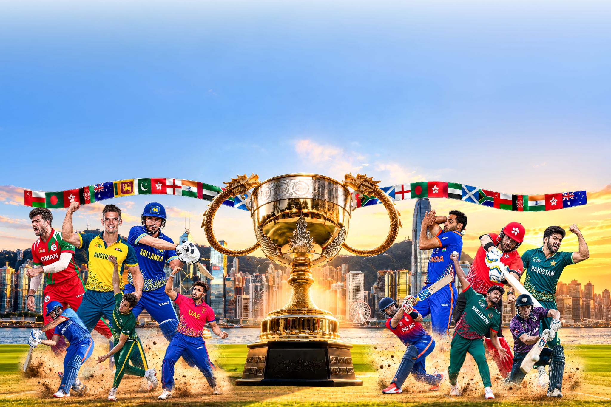 The Hong Kong Sixes 2026 trophy flanked by international cricketers, including Team India, in front of the Hong Kong skyline