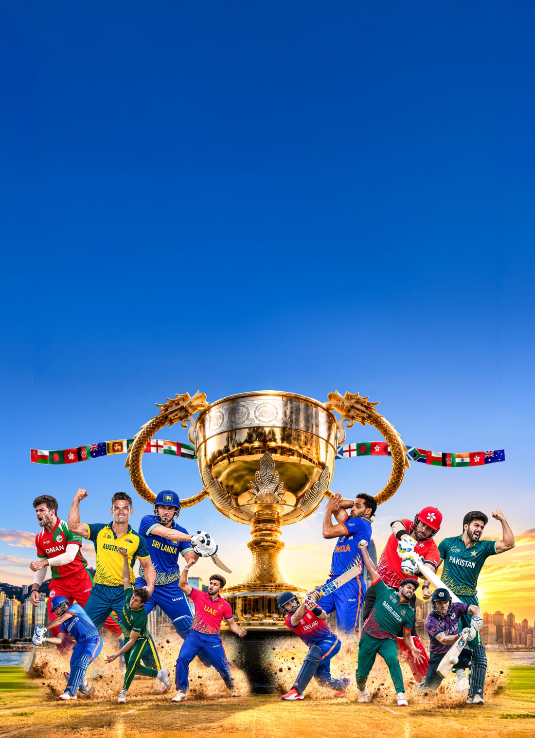The Hong Kong Sixes trophy with international cricketers from teams including India, Pakistan, Sri Lanka and Australia