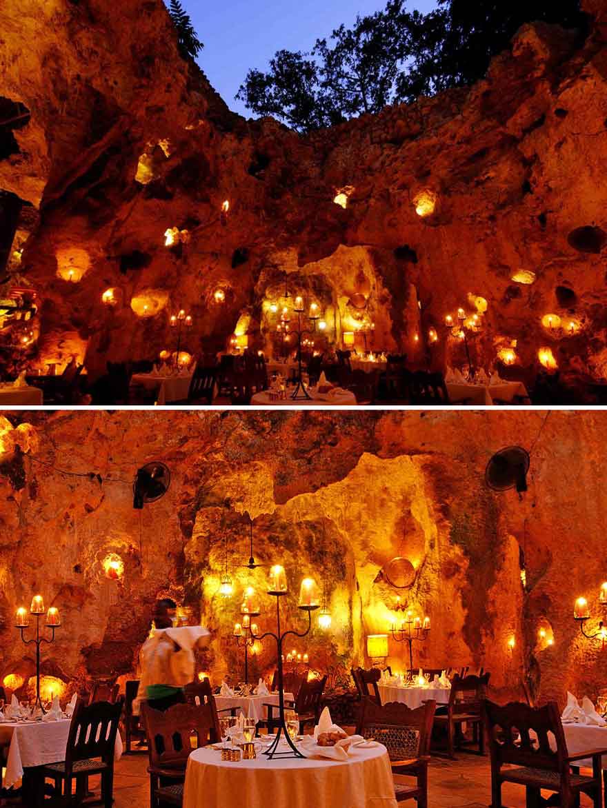 Ali Barbour's Cave Restaurant In Kenya – sumptuous food in the Ancient Cave Illuminated completely by Candlelight